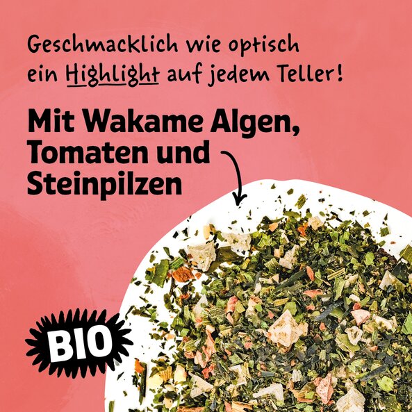 Illustration with the text: ‘A highlight on every plate, both in terms of taste and appearance! With wakame seaweed, tomatoes and porcini mushrooms’, as well as the loose spice on a pink background with the organic icon.